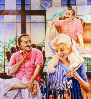 Painting of Diana LePage and Meher Baba at easel